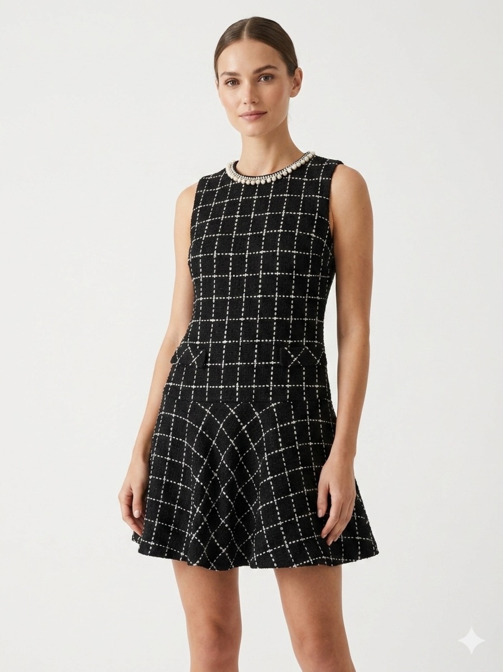 Candie's Womens Dress Medium 38 Black White Grid Check Pearl Trim Mini Elegant
